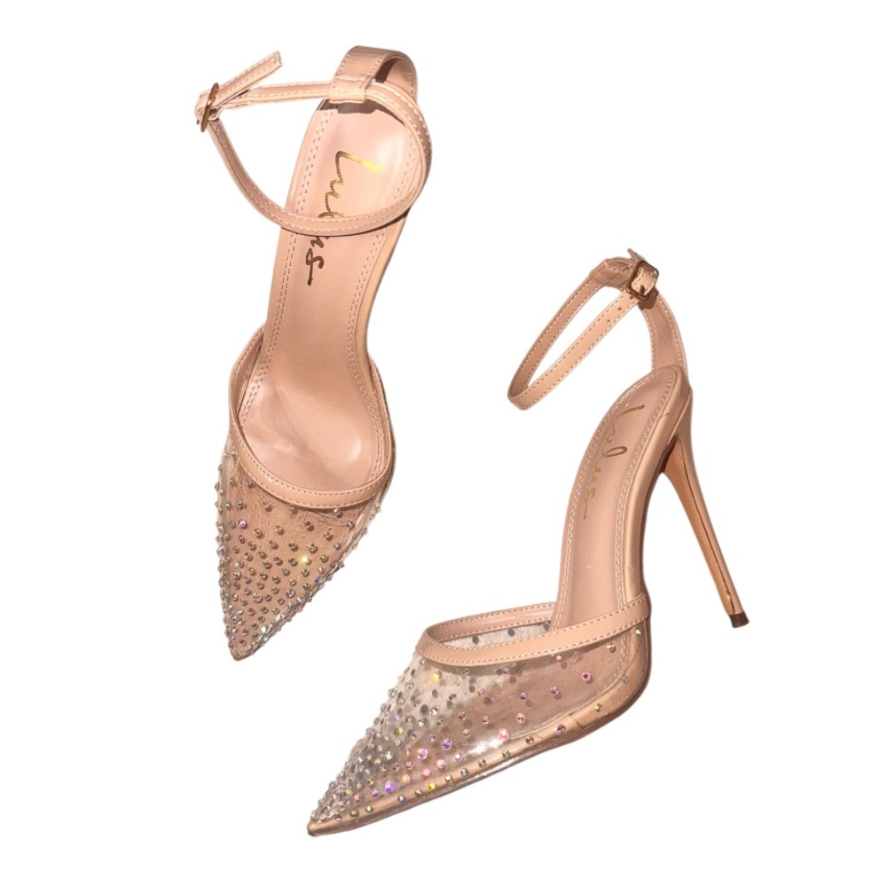 Wrn 1X LULUs KEIZA nude clear rhinestone heels ankle strap women’s shoes size 8